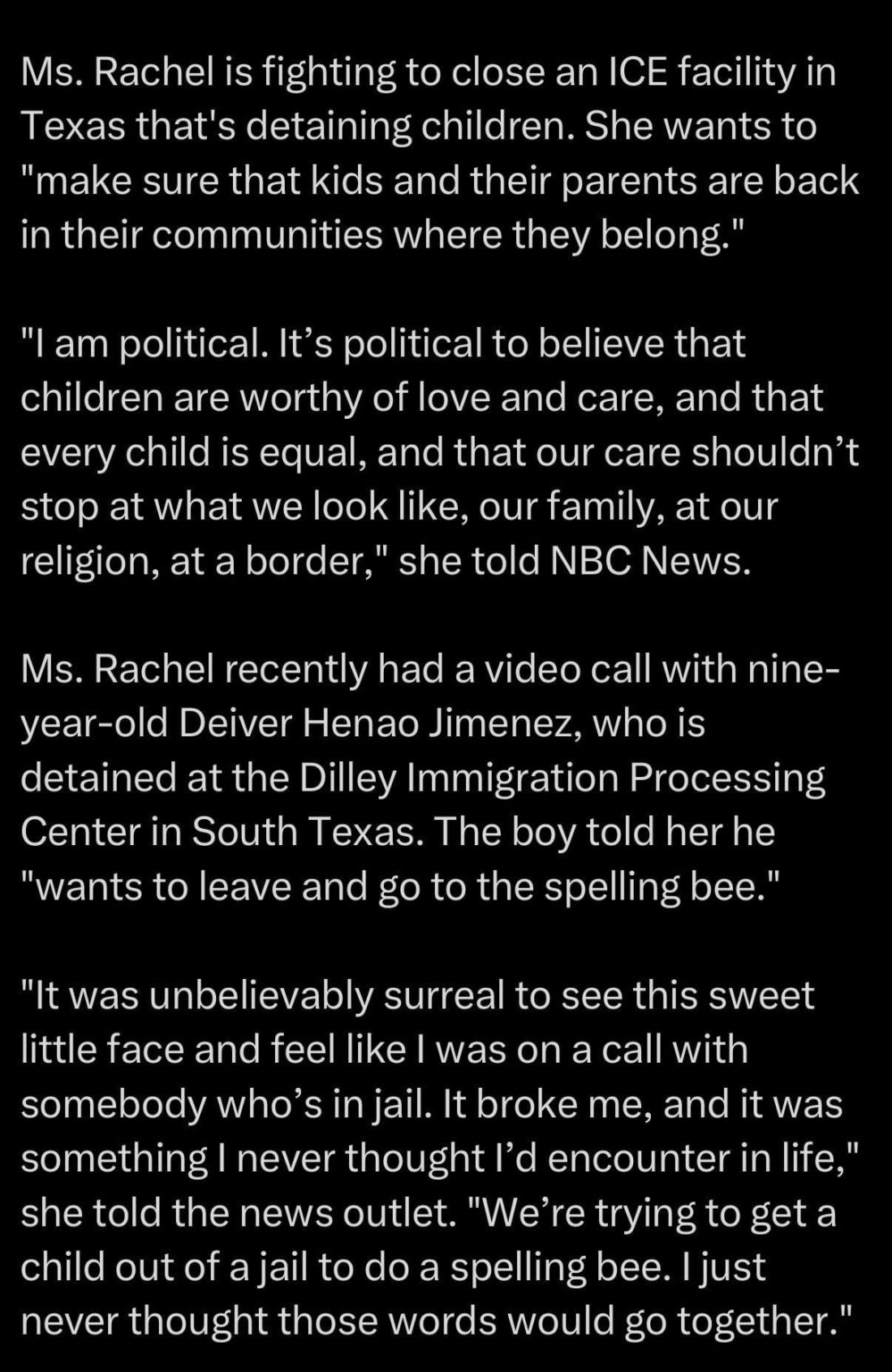 Ms. Rachel is fighting to close an ICE facility in Texas that's detaining children: "I am political. It’s political to believe that children are worthy of love and care, and that every child is equal, and that our care shouldn’t stop at what we look like, our family, at our religion, at a border."