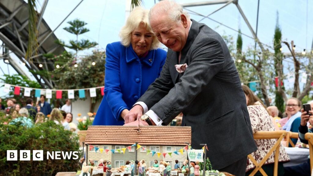 King and Queen laugh as they struggle to cut cake at Eden Project The King and Queen struggling to cut a cake together in the shape of terraced houses at the Eden Project. The Queen is wearing a blue dress, the king is in a grey suit. There are people eating lunch behind them, watching and smiling, and bunting hangs around the tables.