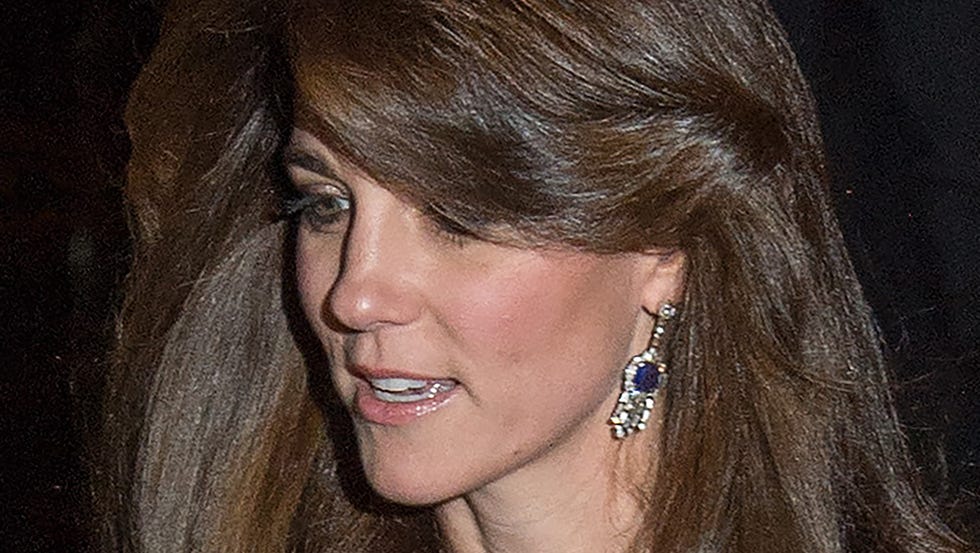 catherine, duchess of cambridge, wearing diamond and sapphire fringe earrings as worn by the queen mother, arriving at the 100 women in hedge funds gala at the victoria and albert museum in london on october 27, 2015 (photo by zak hussein/corbis via getty images)