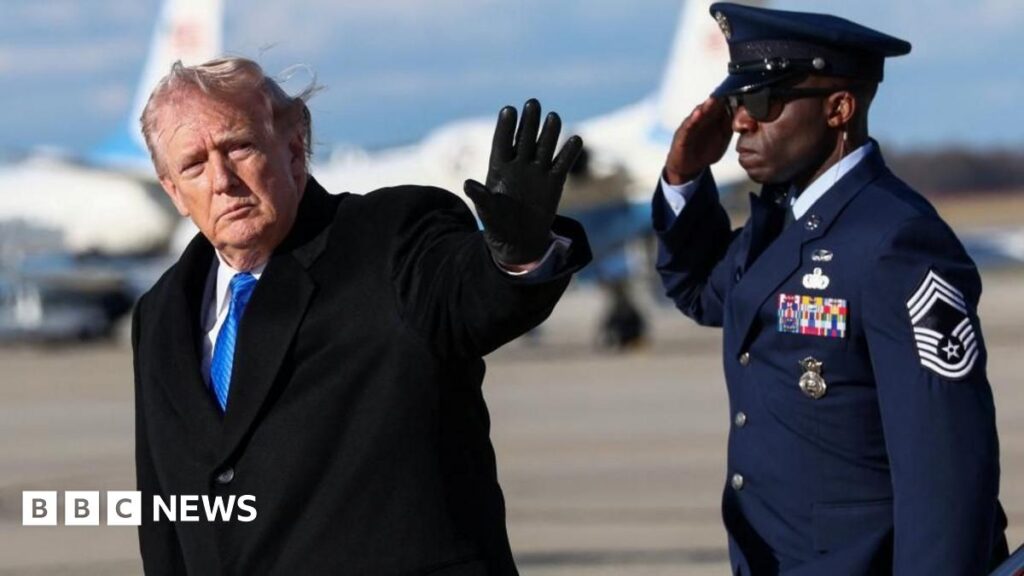 US President Donald Trump walks across the South Lawn with a black gate and a fountain in the background. He is wearing black gloves, a long black coat and his looking down. His hair is blowing.