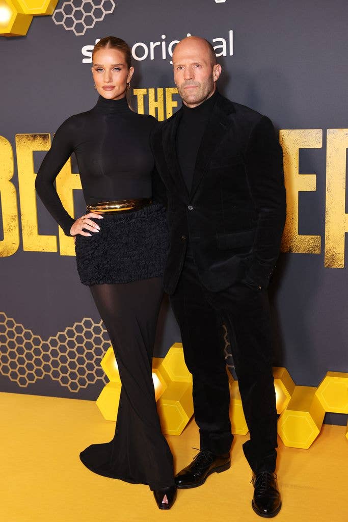 Rosie Huntington-Whiteley and Jason Statham attend the UK Premiere of "The Beekeeper" at Vue Leicester Square on January 10, 2024 in London, England