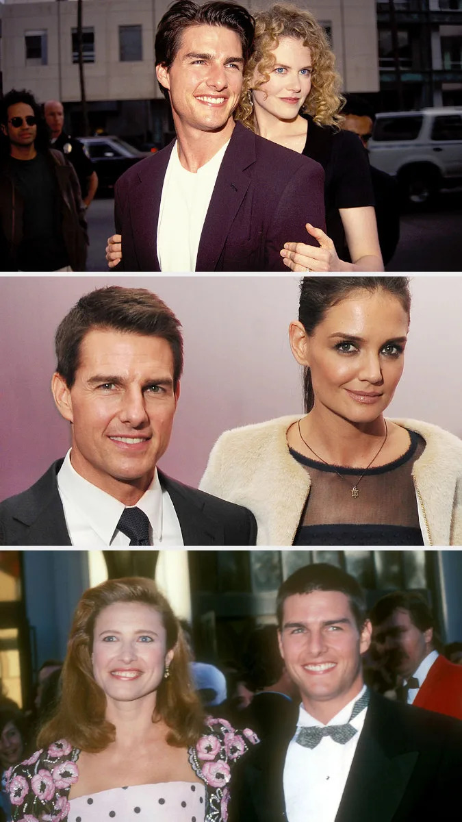 Cruise and Kidman in the '90s; Cruise and Holmes in 2011; Cruise and Rogers in 1989