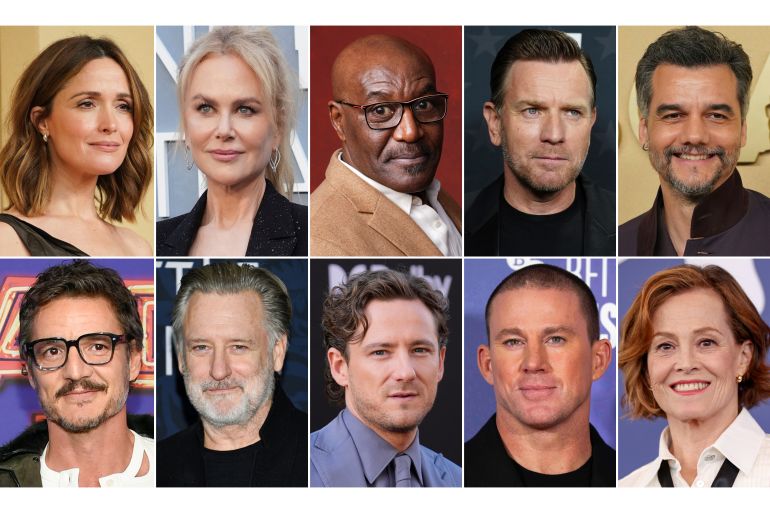 This combination of photos show, top row from left, Rose Byrne, Nicole Kidman, Delroy Lindo, Ewan McGregor and Wagner Moura, bottom row from left, Pedro Pascal, Bill Pullman, Lewis Pullman, Channing Tatum, and Sigourney Weaver.