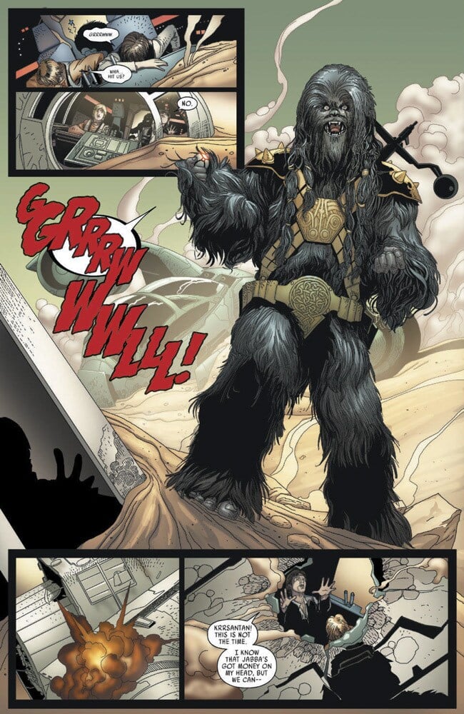 Black Krrsantan attacks Luke, Han and Chewbacca with thermal detonator