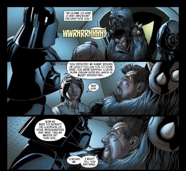 Black Krrsantan delivers Cylo-IV in a headlock to Darth Vader