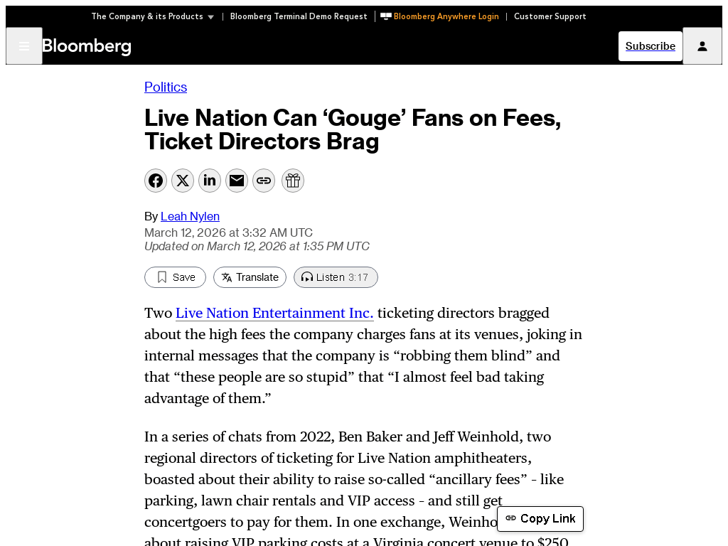 Internal messages from Live Nation reveal two execs talking about "robbing [fans] blind." “These people are so stupid. I almost feel bad taking advantage of them," one says.