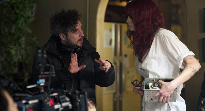 Director Lee Cronin with star Alyssa Sutherland on the set of Evil Dead Rise (2023)