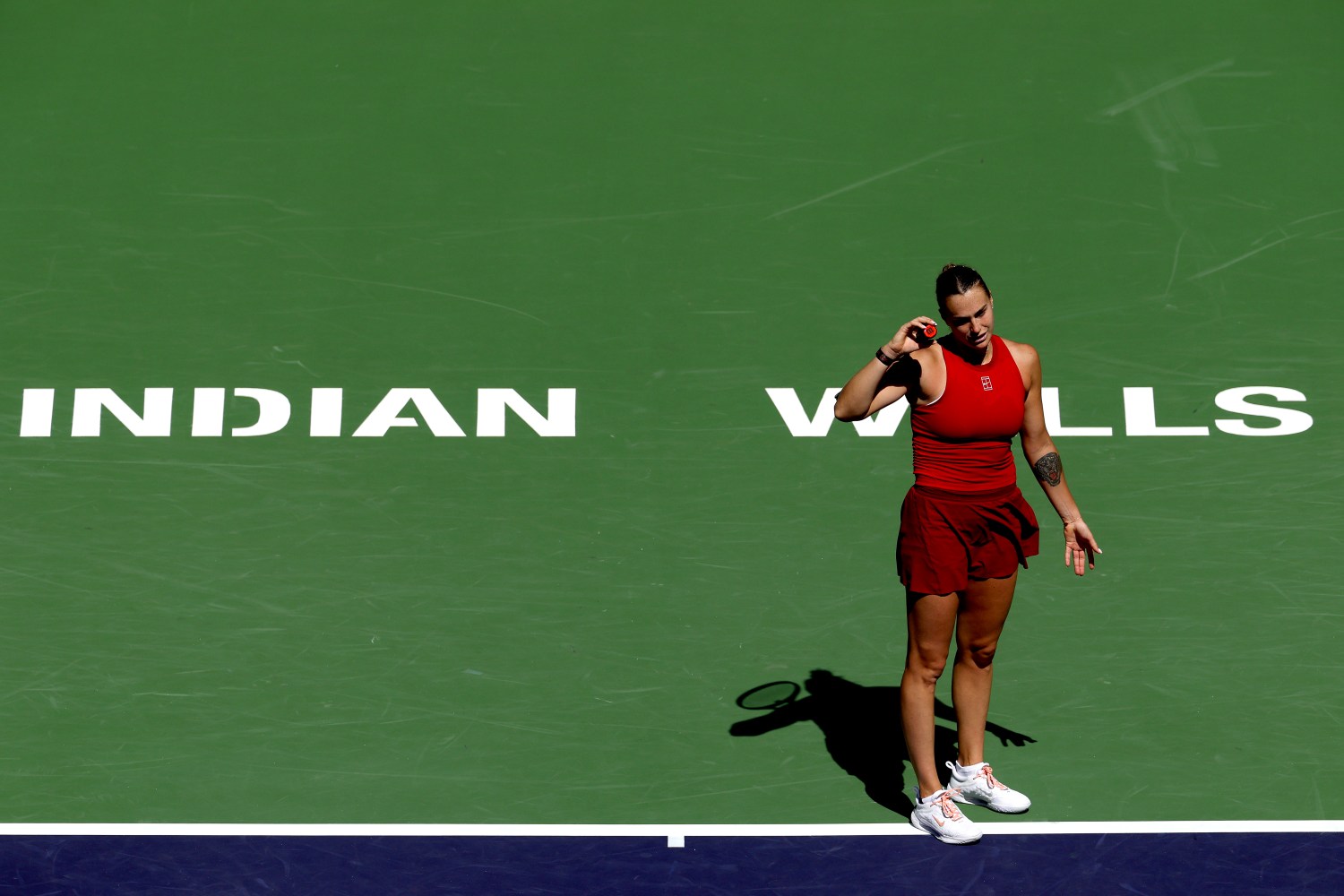 Aryna Sabalenka reacts while playing Mirra Andreeva during the women's final of the BNP Paribas Open at Indian Wells Tennis Garden on March 16, 2025 in Indian Wells, California.