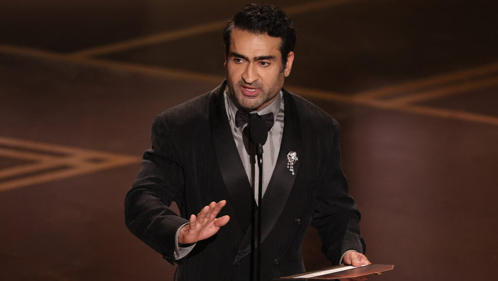 Pakistani-US comedian Kumail Nanjiani presents the Oscar for Best Live Action Short Film onstage during the 98th Annual Academy Awards at the Dolby Theatre in Hollywood, California on March 15, 2026.