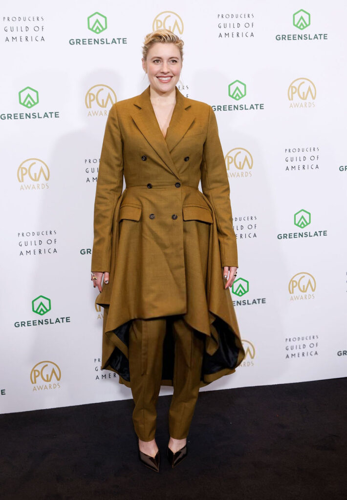 Greta Gerwig Producers Guild Awards 2026, Greta Gerwig PGA Awards 2026, Greta Gerwig Diotima suit Producers Guild Awards, Greta Gerwig Producers Guild Awards fashion, Greta Gerwig red carpet style 2026