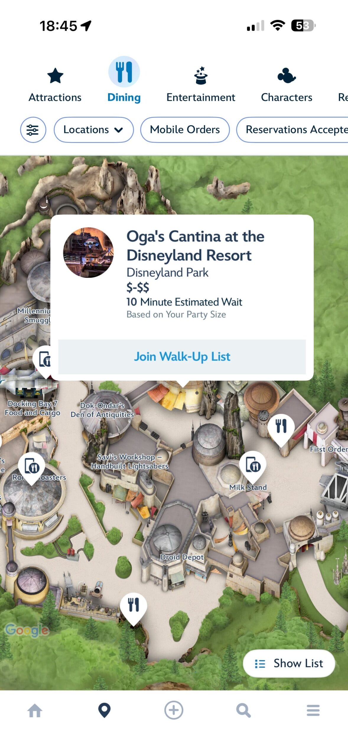 Screenshot of Disneyland app showing Oga's Cantina has reopened