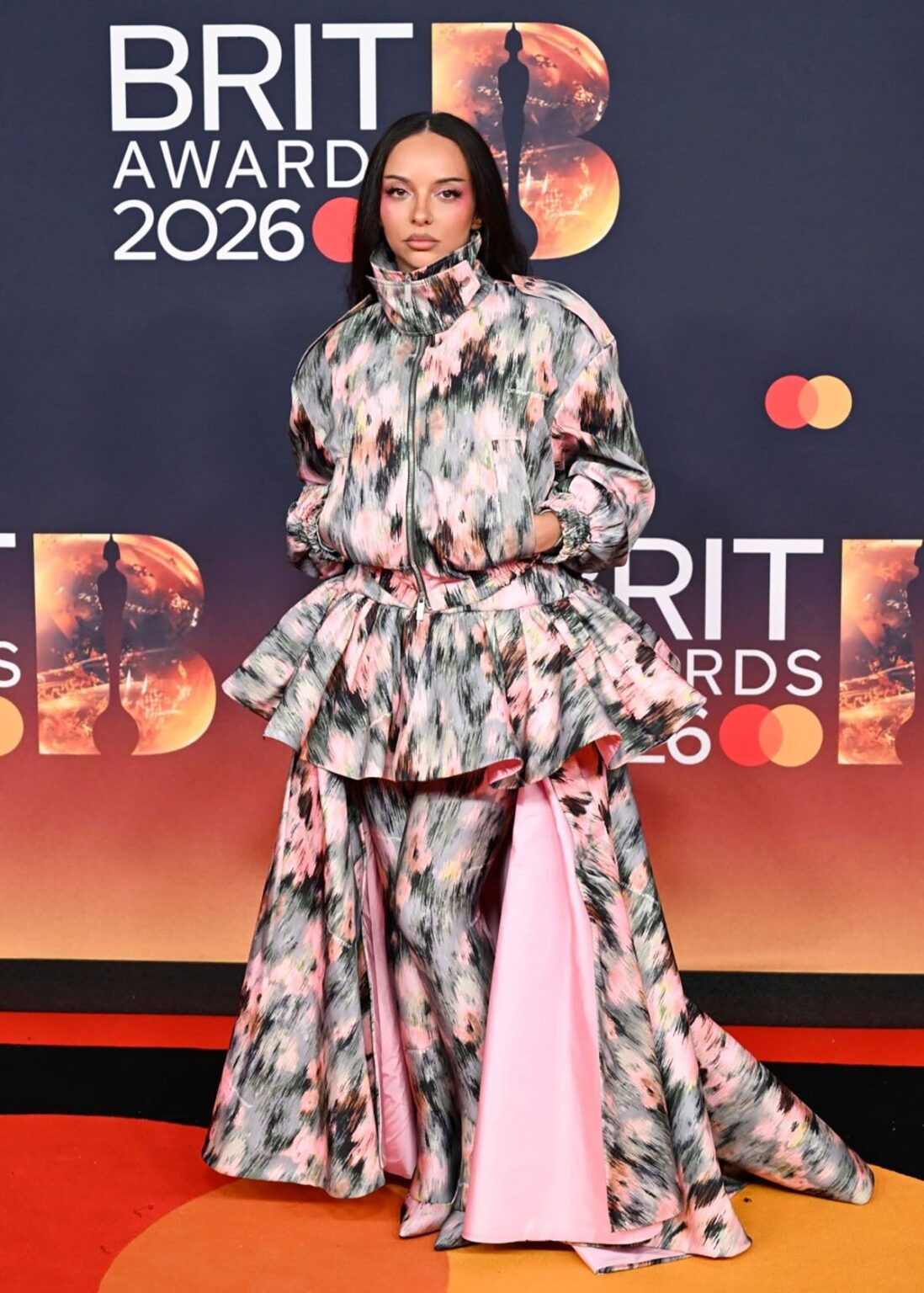 Jade Thirlwall BRIT Awards 2026, Jade Thirlwall Off White custom, Jade Thirlwall red carpet look, BRIT Awards fashion 2026, Jade Thirlwall abstract print outfit, Jade Thirlwall peplum gown, Off White BRIT Awards, Jade Thirlwall style