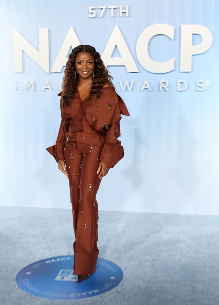 Janelle James NAACP Image Awards 2026, Janelle James Do Long Spring 2026, Do Long red carpet look, Janelle James brown gown, NAACP Image Awards 2026 fashion