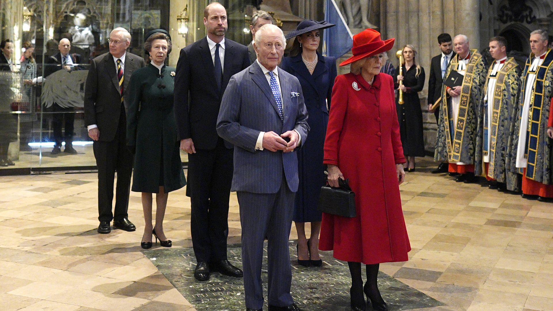Princess Anne, Prince William, Catherine, Princess of Wales, King Charles III, and Queen Camilla during the 2026 Commonwealth Day Service at Westminster Abbey on March 09, 2026