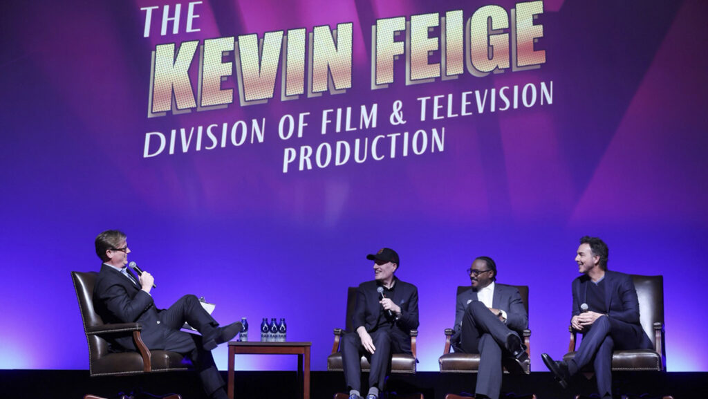 Moderator Alex Ago, Kevin Feige, Ryan Coogler and Shawn Levy at the Dedication of the Kevin Feige Division of Film & Television at the USC School of Cinematic Arts.