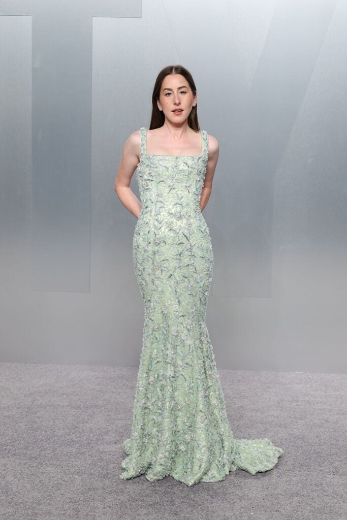 Alana Haim Vanity Fair Oscar Party 2026 Louis Vuitton, Alana Haim red carpet Vanity Fair Oscar Party 2026 Louis Vuitton green embroidered gown, Louis Vuitton Vanity Fair Oscar Party 2026 Alana Haim