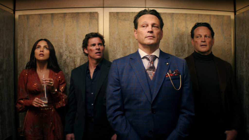 (L-R) Eiza González as Alice, James Marsden as Mike, Vince Vaughn as Present Nick and Vince Vaughn as Future Nick in 20th Century Studios' Mike & Nick & Nick & Alice