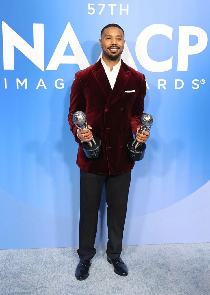 Michael B. Jordan NAACP Image Awards 2026, Michael B. Jordan dunhill Fall 2026, dunhill velvet jacket, Michael B. Jordan burgundy tuxedo, NAACP Image Awards menswear 2026