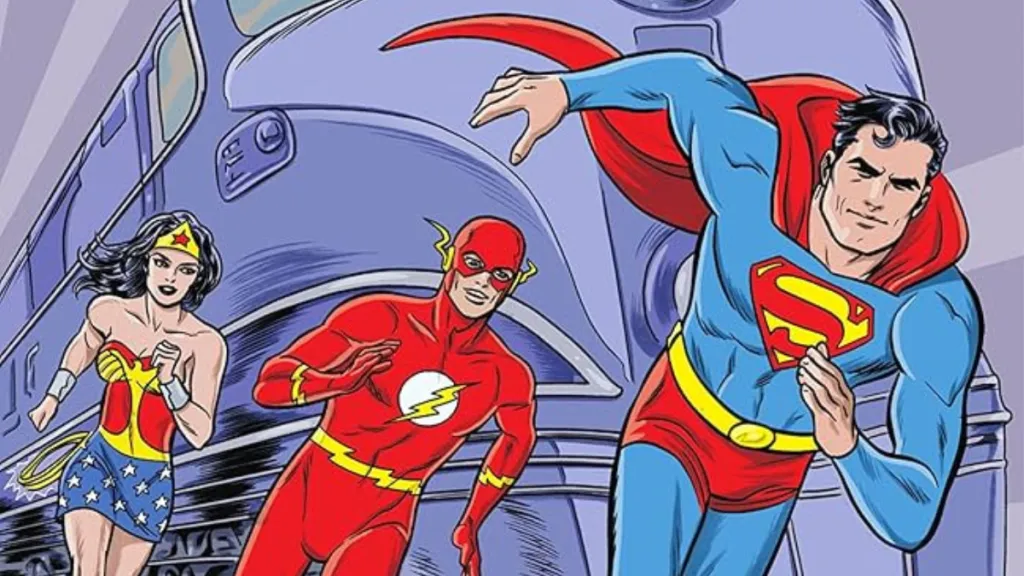 Superman running with the Flash and Wonder Woman in front of a train in Superman: Space Age