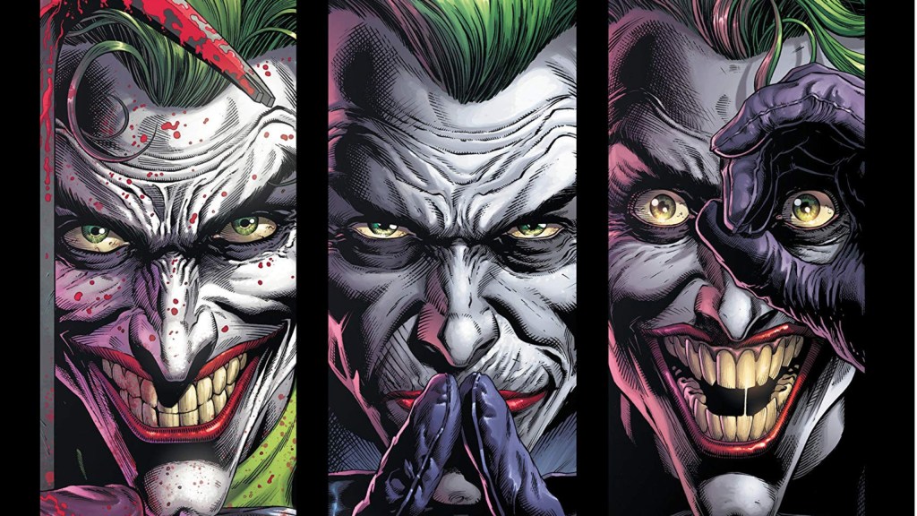 A split image of the Three Jokers - The Comedian, the Criminal, and the Clown