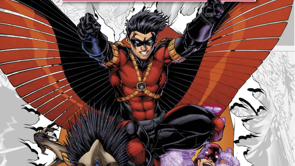Tim Drake as Red Robin from the New 52 jumping forward with his wings expanded
