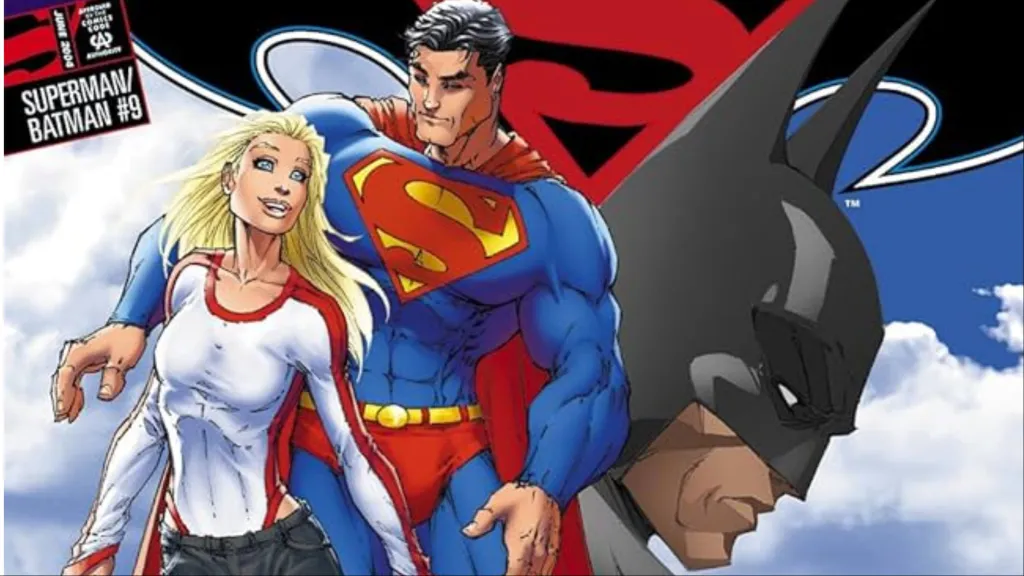 Superman and Supergirl with Batman's head looking down behind them