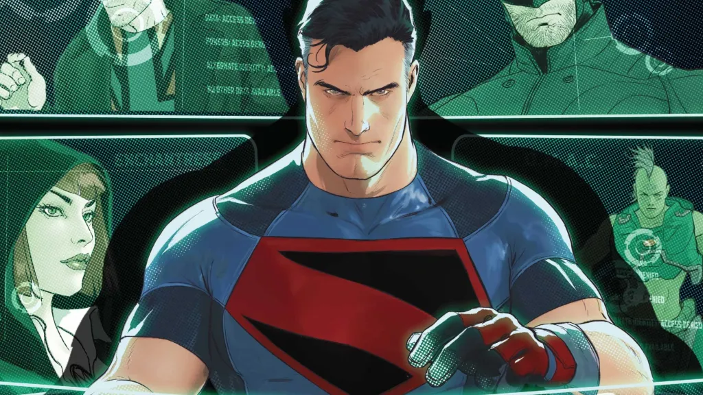Superman standing in front of a wall with superheroes on the screens