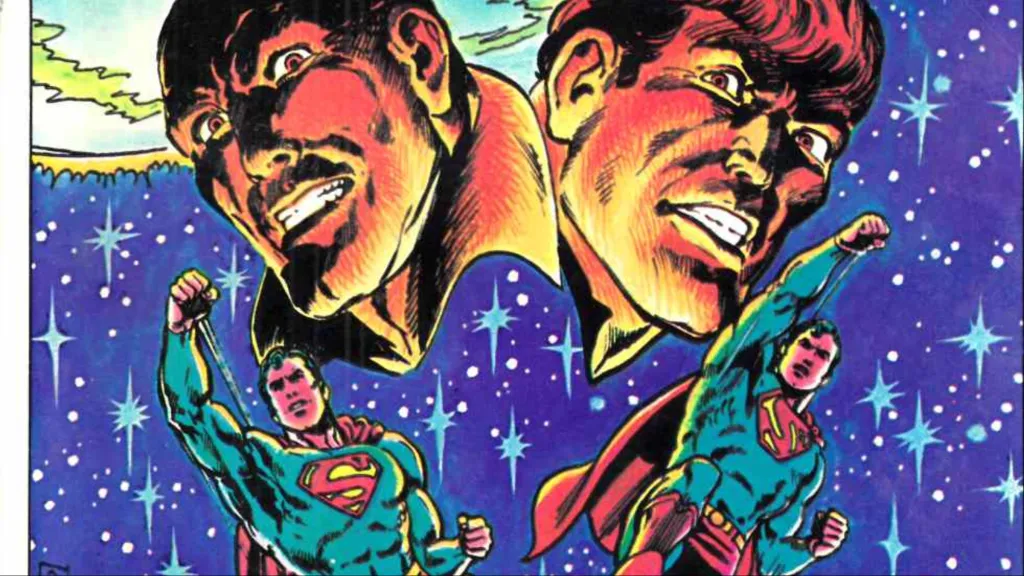 The Lex Luthors of Earth-One and Earth-Two looking down on the Supermen of Earth-One and Earth-Two