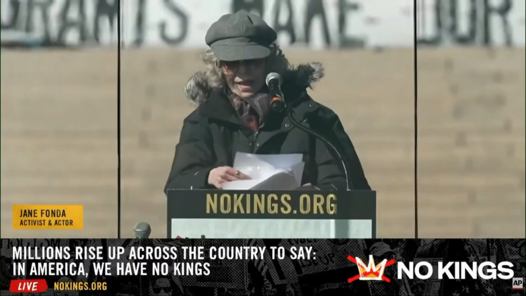 Jane Fonda reads a letter from Renee Good’s wife at the No Kings protest in Minneapolis