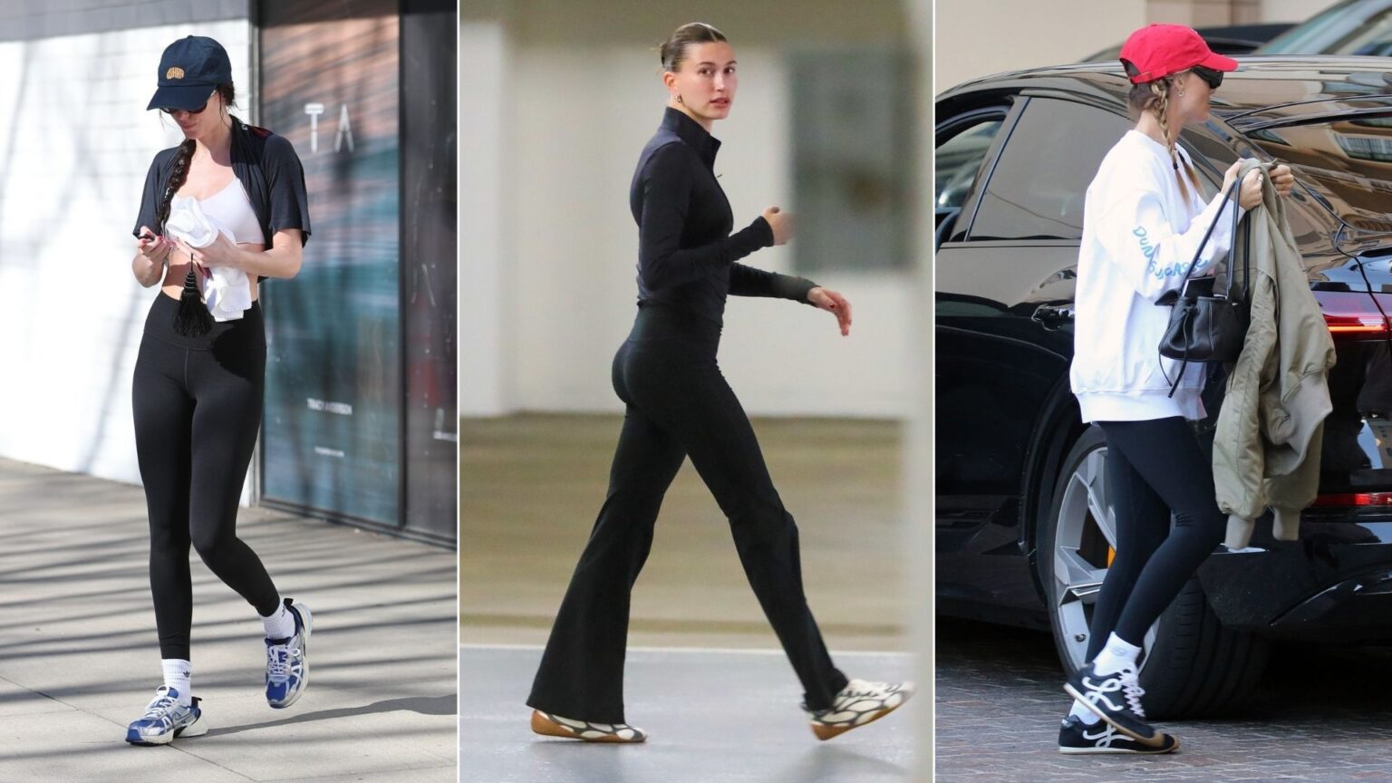 6 Chic Celebrity Trainers and Leggings Outfits of 2026 An image of Hailey Bieber, Margot Robbie and Dakota Johnson wearing leggings and trainers.
