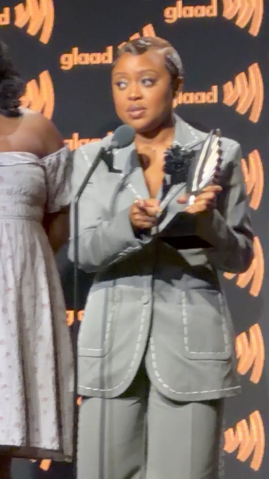 Quinta Brunson accepts the Vanguard Award at the GLAAD Awards and recalls asking Chris Perfetti if he was comfortable playing a gay character on “Abbott Elementary”: “He said, ‘Quinta, I’m gay as hell.’”