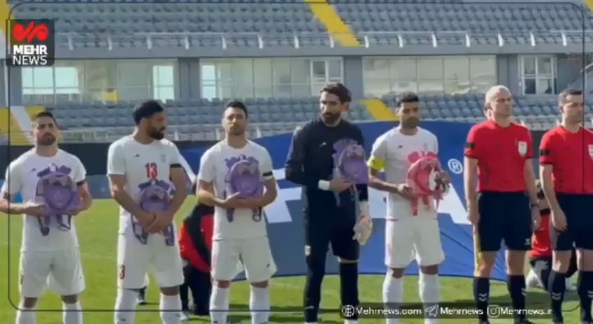Iran's National Football Men's Team held children's backpacks during the national antherm of Iran to honor the kids killed in the Minab School Attack