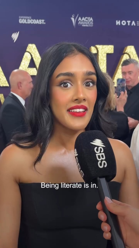 Actors at the AACTA Awards are asked if they watch foreign films subbed or dubbed, Shabana Azeez: "Subbed! Ew! No, I can read. Being literate is in."