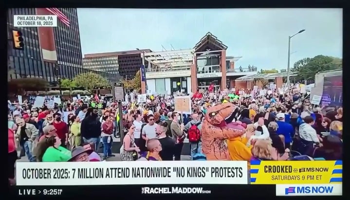 Maddow skewers Trump: 7 million people turned out for No Kings Day in October, and that was before Trump bulldozed the East Wing of the WH... It was before he started an apocalyptic war with Iran... It's before they killed Renee Nicole Good. It's before they killed Alex Pretti
