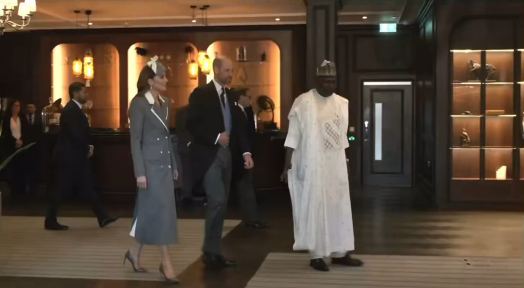 Prince and Princess of Wales greet Nigerian President Tinubu and his wife at their hotel in Windsor, beginning the official state visit (tiara predictions for dinner tonight?)