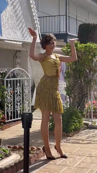 Zendaya in Louis Vuitton S/S 2004 corset top and silk skirt at poses for photos at The Drama Wedding Chapel event in Las Vegas