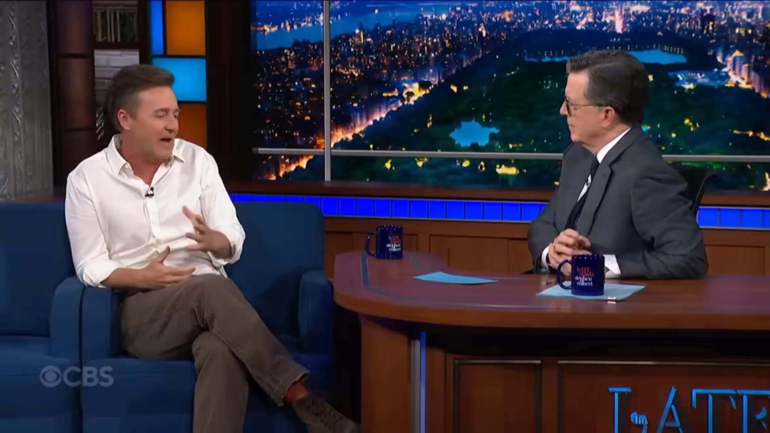 "We see genocide being livestreamed to us": Edward Norton on Stephen Colbert