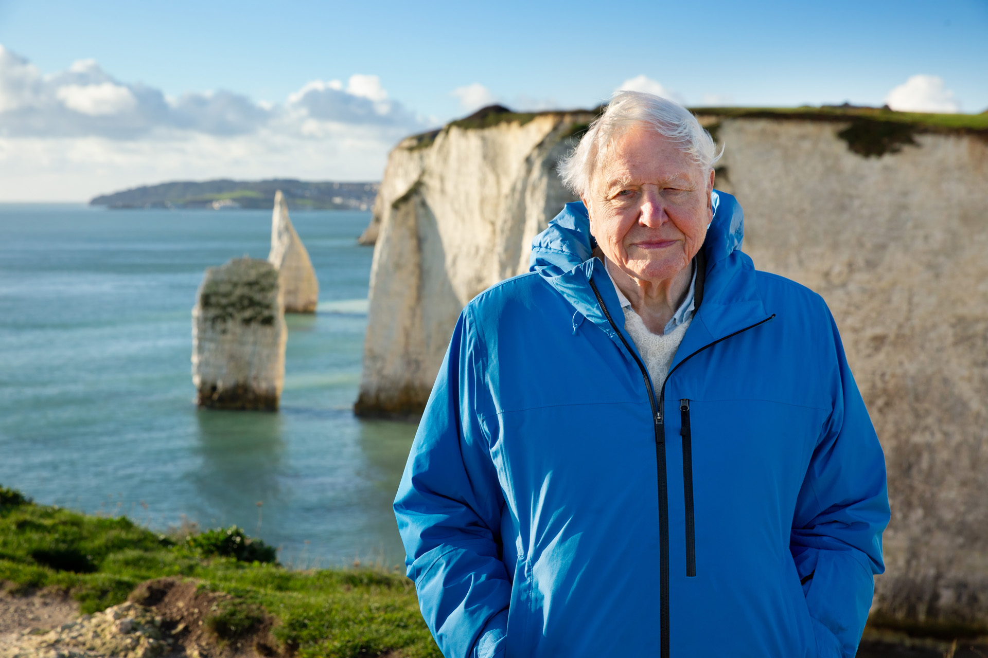 David Attenborough stands at the coast in Southern England in Ocean With David Attenborough