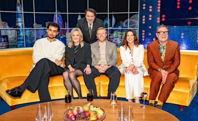 Mandatory Credit: Brian J Ritchie/Hotsauce. Editorial Use Only. **STRICTLY EMBARGOED UNTIL 8PM THURSDAY 12TH FEBRUARY** Mandatory Credit: Photo by Brian J Ritchie/Hotsauce/Shutterstock (16571304d) Jonathan Ross, Archie Madekwe, Lou Beckett, Rob Beckett, Neve Campbell and Alan Carr 'The Jonathan Ross Show' TV show, Series 23, Show 2, London, UK - 14 Feb 2026 Alan Carr on Buying a Castle and Being a 'Crap' Traitor Neve Campbell Talks Dancing with Prince Harry, Scream and Being Attacked by a Bear Archie Madekwe on Being Haunted by Queen Victoria During Saltburn, Learning to Drive with the Stig and an Embarrassing Game of Thrones Audition Rob and Lou Beckett Talk Trouser Mishaps, Date Nights and Parenting