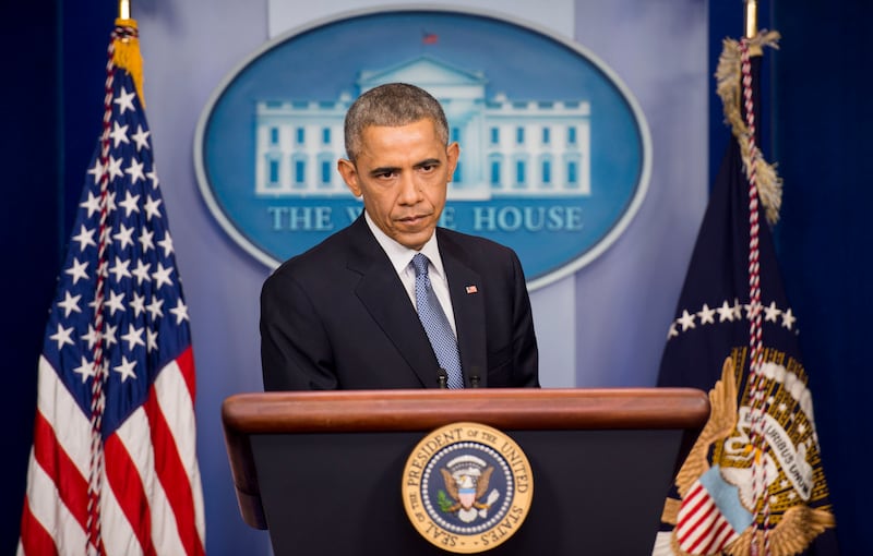 President Barack Obama holds a press conference during which he discussed Sony Pictures' decision not to release "The Interview" in wake of the alleged North Korean hacking scandal at The White House on December 19, 2014