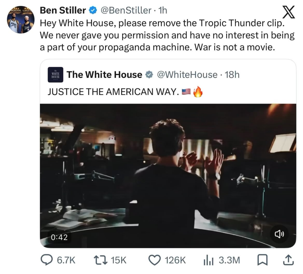 Ben Stiller condemns The White House for using a clip from ‘Tropic Thunder’ to promote US military strikes on Iran: “We never gave you permission and have no interest in being a part of your propaganda machine. War is not a movie.”