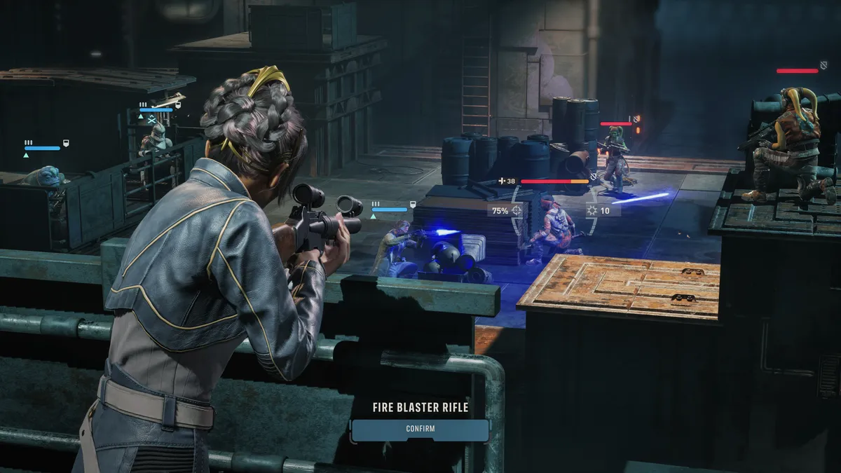 A squad member fires with her blaster after emerging from cover in Star Wars: Zero Company.