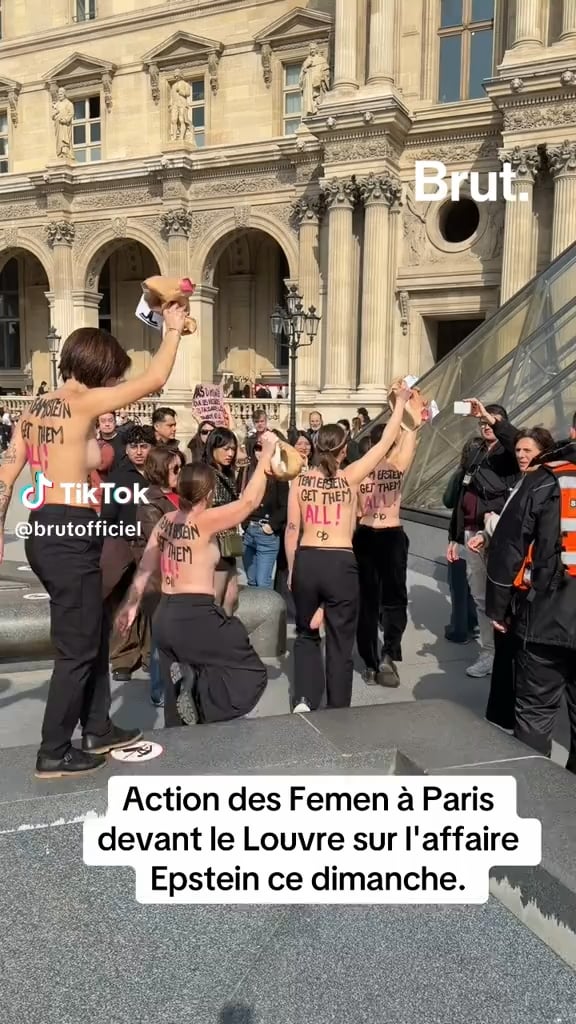 Femen activists wearing pig masks in Paris to protest people who appeared in the Epstein files on International Women's Day during Paris Fashion Week
