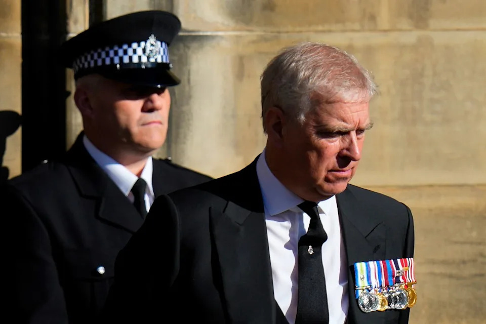 FILE - Prince Andrew leaves St. Giles Cathedral after the arrival of the coffin containing the remains of his mother Queen Elizabeth, in Edinburgh, Scotland, Sept. 12, 2022. (AP Photo/Petr David Josek, File)