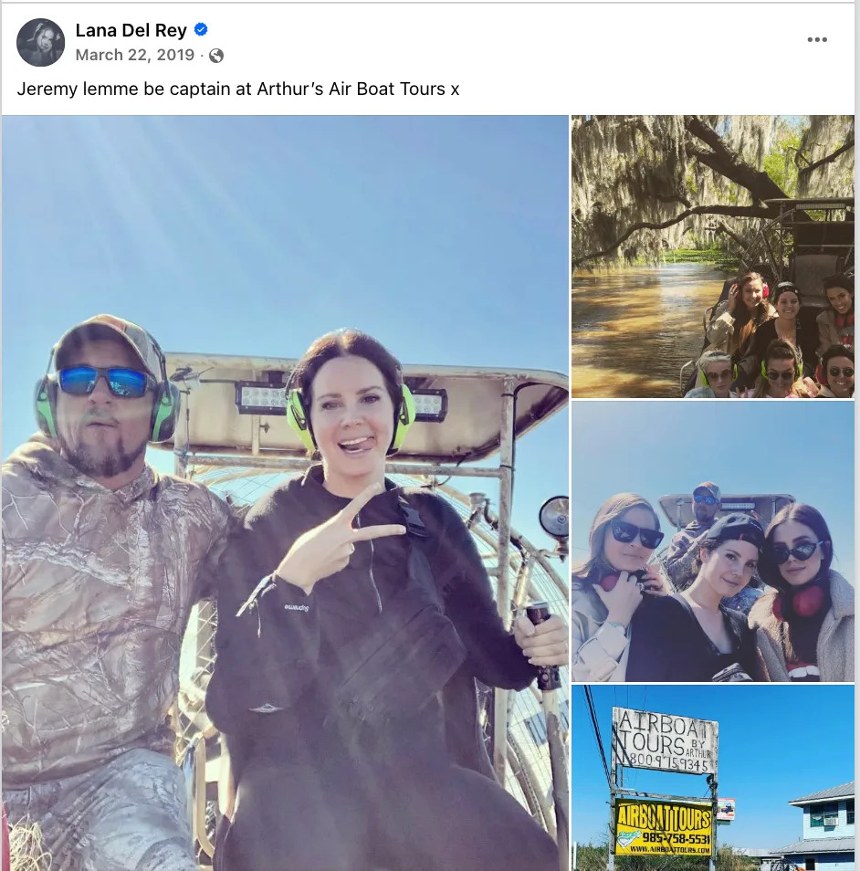 People enjoying an airboat tour in a swamp, posing for photos and wearing casual outdoor attire with ear protection