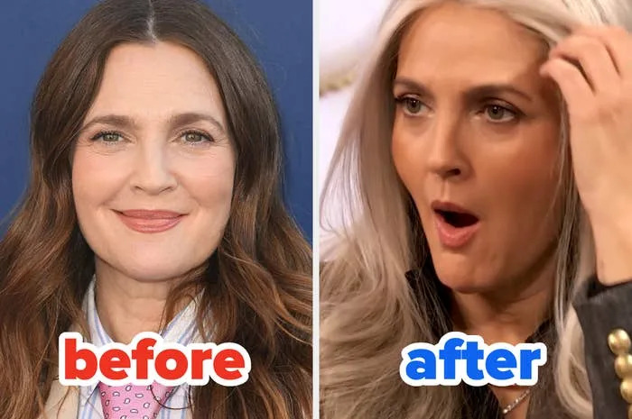 Two side-by-side images: left, smiling person; right, same person surprised with a hand in their hair. Text reads "before" and "after."