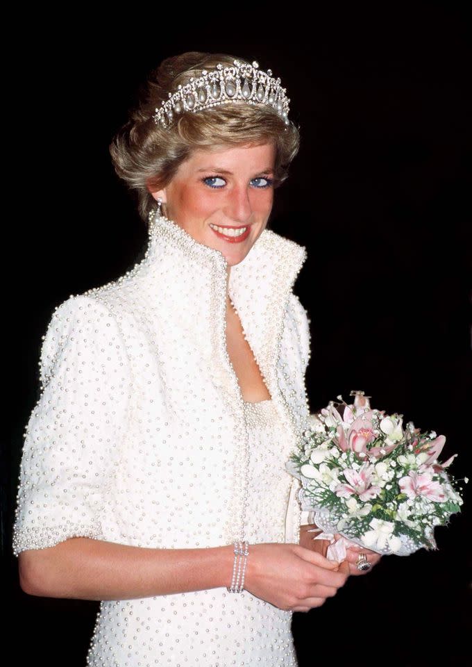 Princess Diana in Hong Kong wearing the Queen Mary Lover's Knot TiaraCredit: Getty