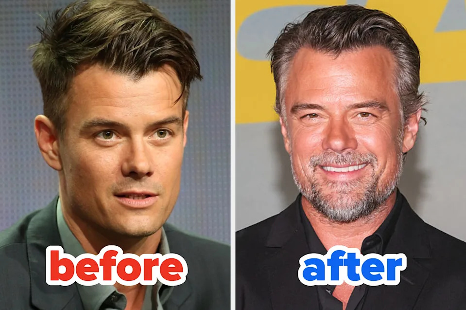 Side-by-side images of a man with and without a beard. Left: clean-shaven and youthful. Right: wearing a beard, looking older and mature
