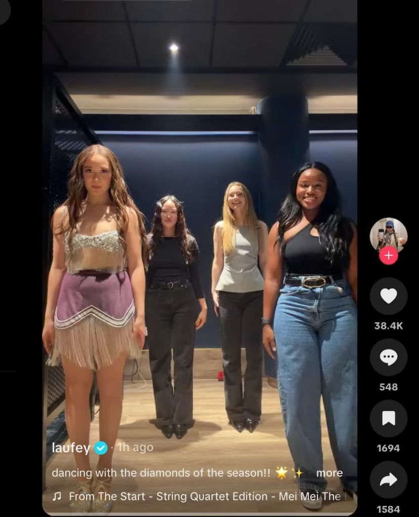 Laufey dances to the string quartet version of her song “From The Start” with Yerin Ha, Hannah Dodd, and Masali Baduza after her show in London earlier tonight