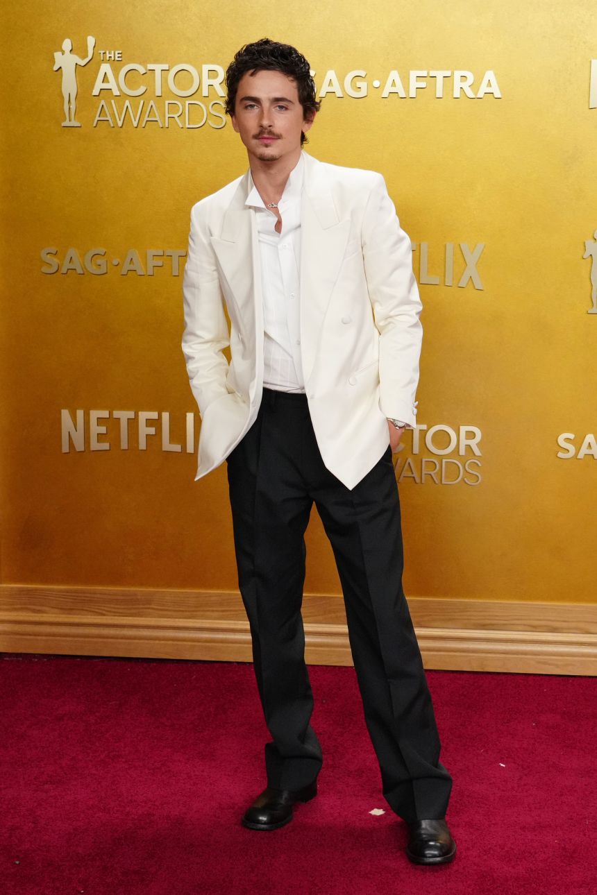 Timothée Chalamet, in custom Prada, went for a relaxed open collar look.